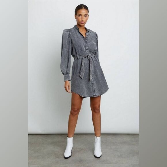 AVEC LES FILLES Denim Button Up Shirt Dress Belted Collared Gray Acid Wash Sz S - Picture 1 of 11